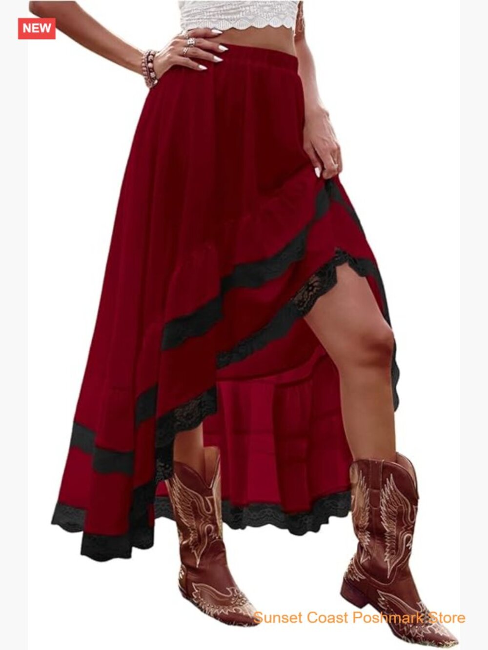 Women's Boho Maxi Skirt Asymmetrical Lace Ruffle Hem Flowy Western Skirt